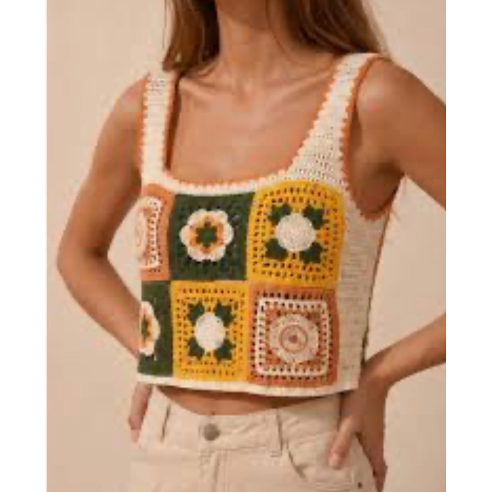 Crochet GrannySquare Crop Top Floral Boho Knit tan green y2k whimsigoth western